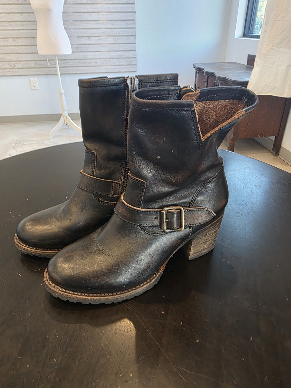 Freebird by Steven Black Leather Harness Heeled Ankle Boots